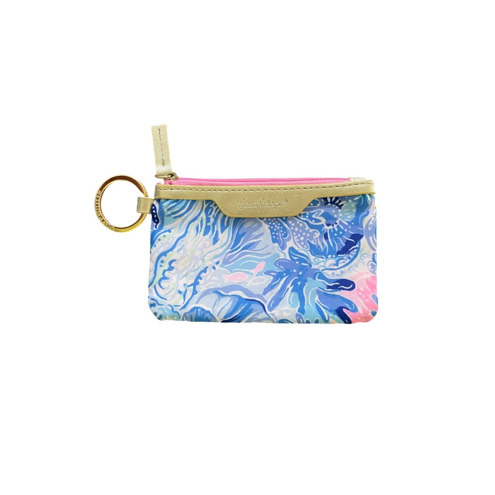 Lilly Pulitzer Blue Pink Ocean Print ID Case Key Ring Wallet